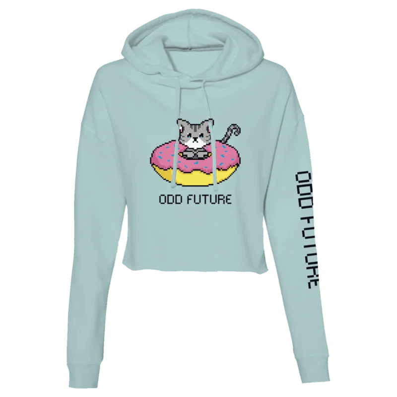 8-Bit Donut Cat Crop Hoodie - Sage