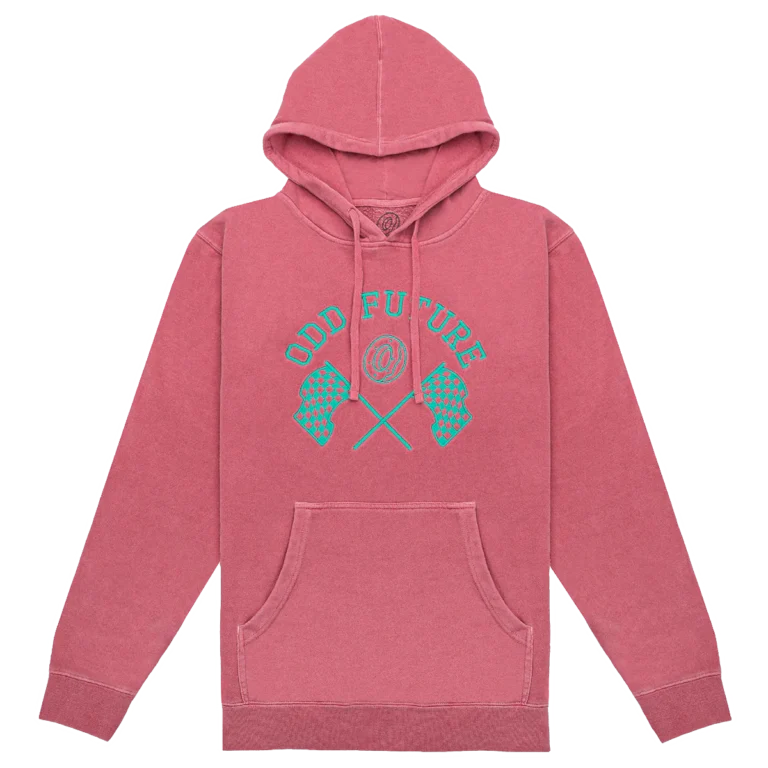 Checkered Flag Embroidered Pullover Hoodie - Pink