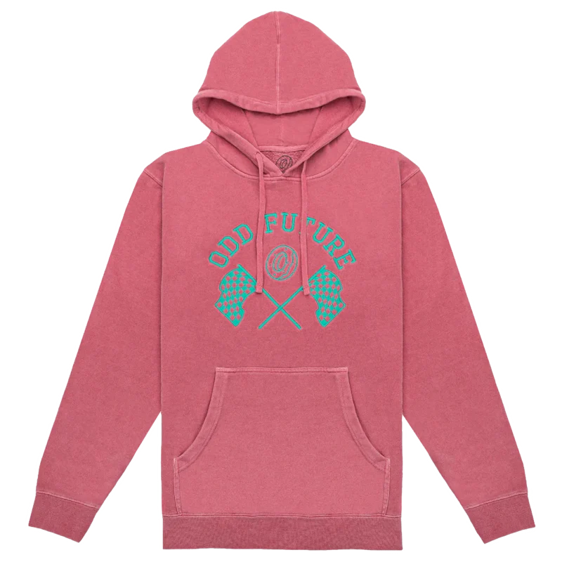 Checkered Flag Embroidered Pullover Hoodie - Pink